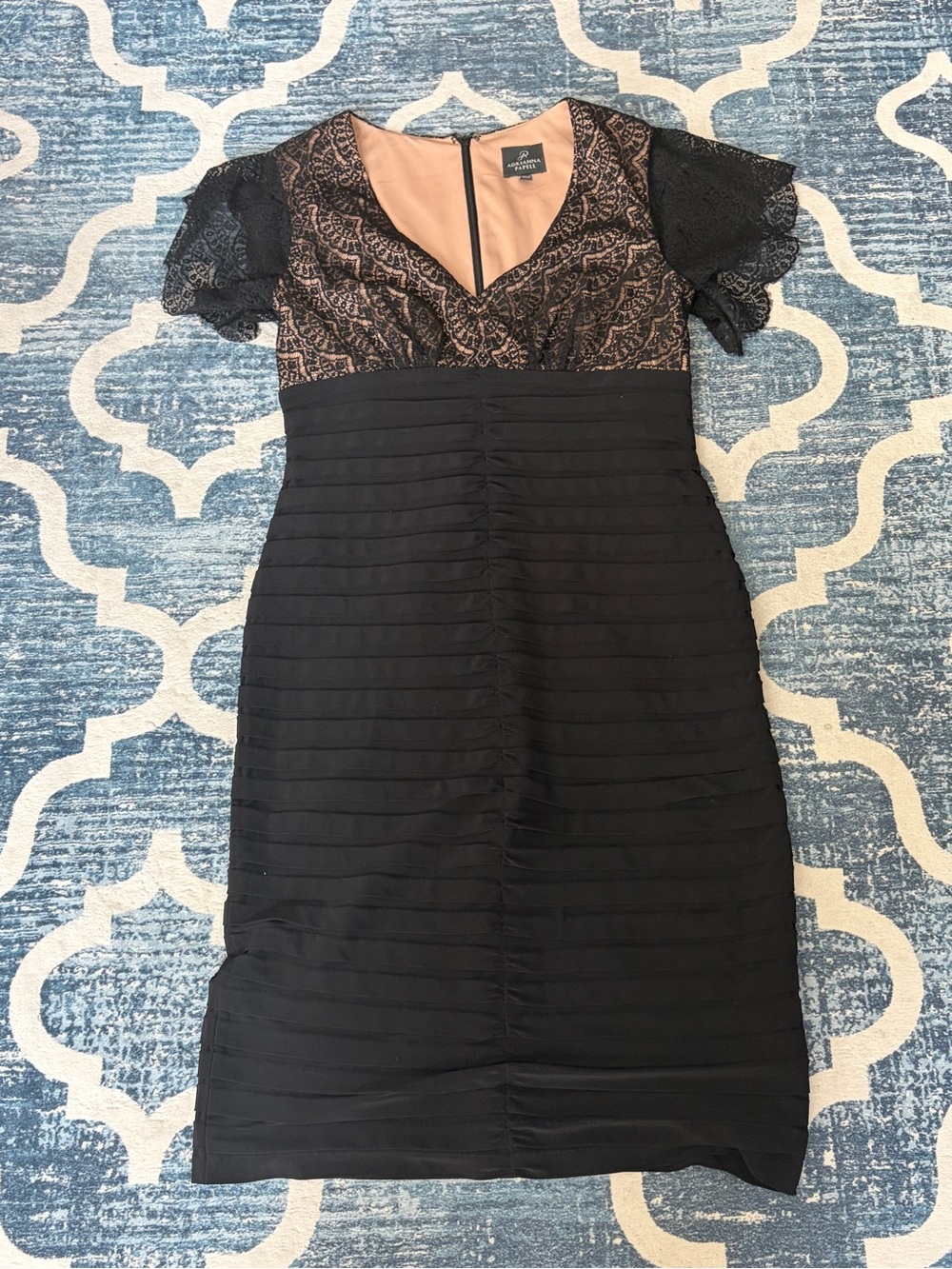 Adrianna Papell Black and Blush Lace-Trim Midi Dress